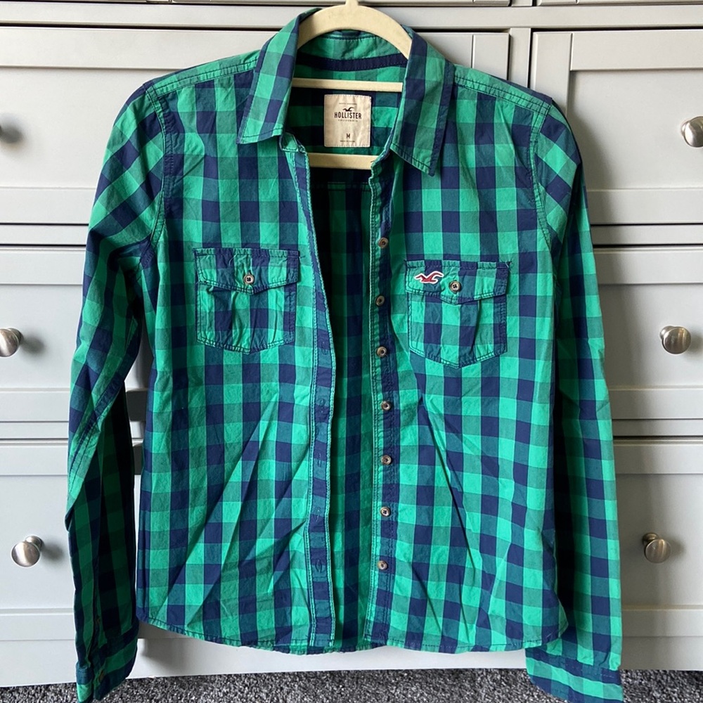 Hollister Green & Blue Button Flannel